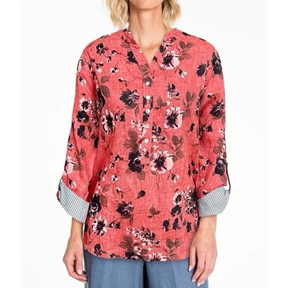 JOHN MARK White Lotus Linen Blouse Pink Floral Linen 3/4 Roll Up Sleeve, M